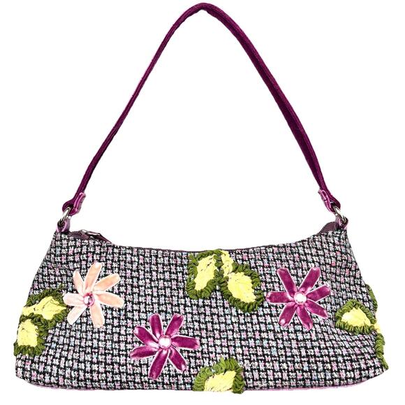 Vintage Womens Embroidered Rhinestone Velvet Floral Shoulder Bag Purse Boho - Picture 1 of 13